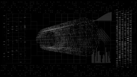 Futuristic HUD interface with 3D wireframe scan and data matrix Stock Footage 332890590