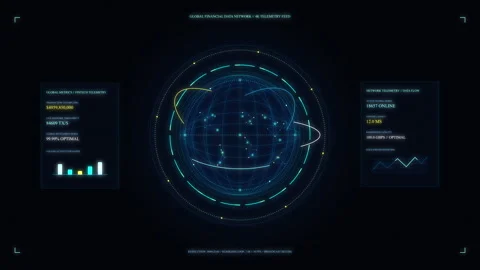 Futuristic hud interface animation with blue data charts and globe Stock Footage 347054081
