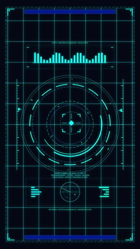 Futuristic hud interface animation with blue data grid and scope element Stock Footage 347569071