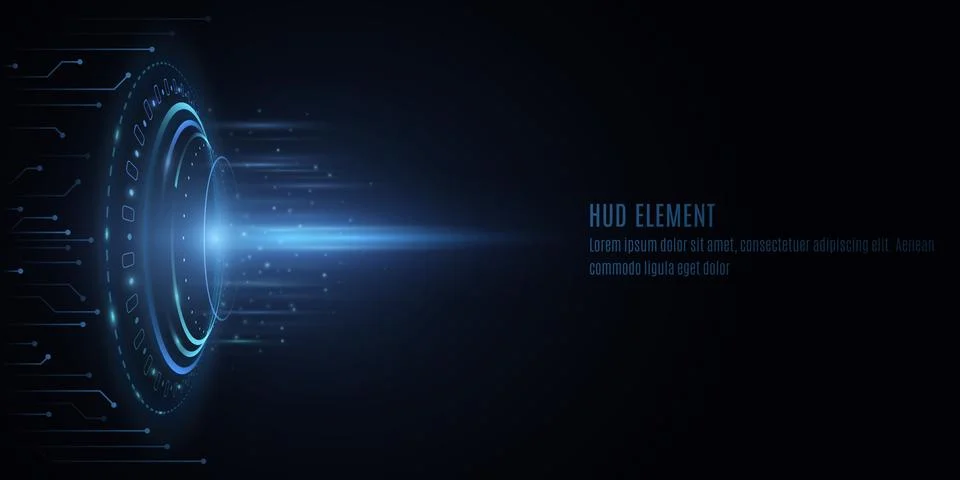 Futuristic HUD interface circle with glowing elements. Blue flash with rays a Stock Illustration
