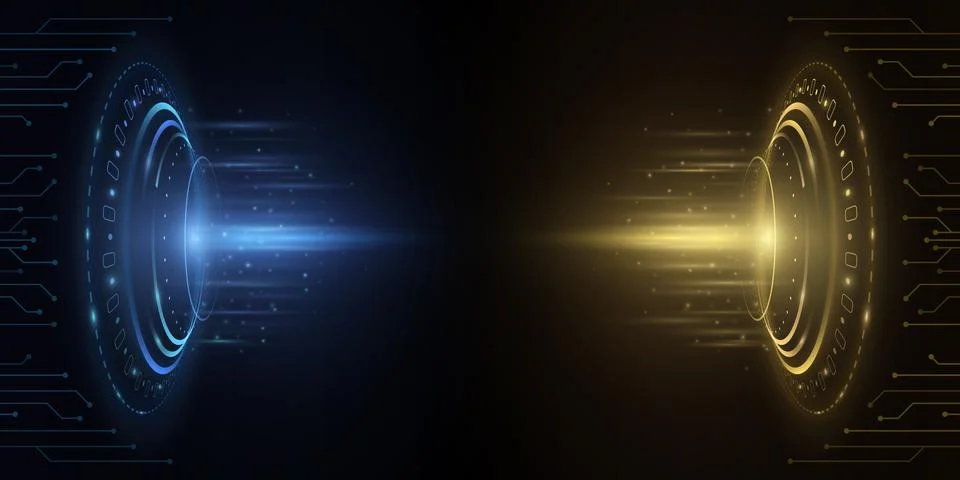 Futuristic HUD interface circles. Yellow and blue flash with rays and particl Illustrazione stock