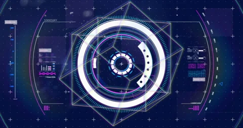 Futuristic HUD interface with circular elements and data processing animation Stock Footage 303878016