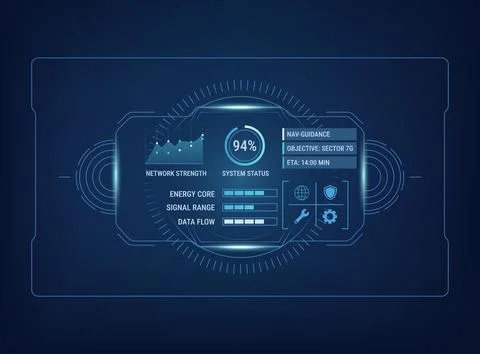 Futuristic HUD interface design glowing blue digital elements, data charts,.. Stock Illustration