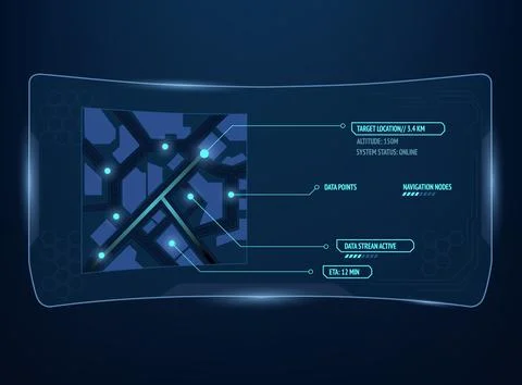 Futuristic HUD interface digital city map with navigation data points, ETA,.. Stock Illustration