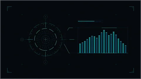 Futuristic HUD interface with digital equalizer, audio spectrum, data analytics Stock Footage 347572976