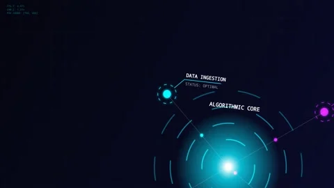 Futuristic HUD Interface Displaying AI Algorithmic Core Network Nodes Stock Footage 340604403