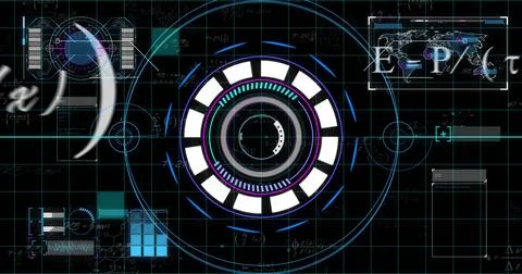 Futuristic HUD interface displaying data in control room, with world map panel Stock Illustration