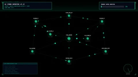 Futuristic HUD interface displaying network connections and data visualization, Vidéo 341714965