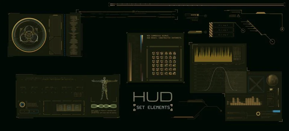 Futuristic HUD interface elements with sci-fi data visualization, charts, and Illustrazione stock