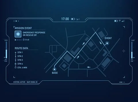 Futuristic HUD interface featuring a blue tactical map with route navigatio.. Stock Illustration
