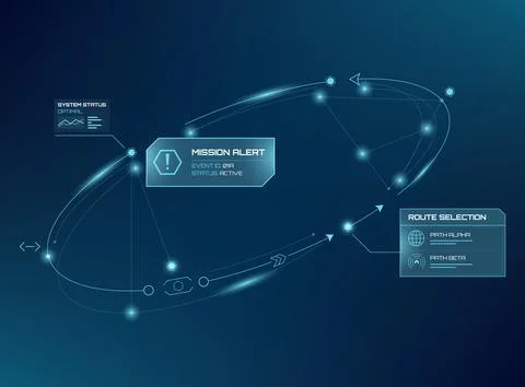 Futuristic HUD interface featuring mission alerts, orbital data pathways, a.. Illustrazione stock