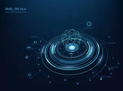Futuristic HUD interface glowing 3D wireframe sphere over circular holograp.. Ilustração Stock
