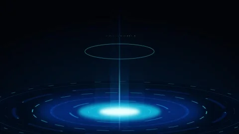 Futuristic hud interface with glowing blue circular data rings and light be.. Stock Footage 337561223