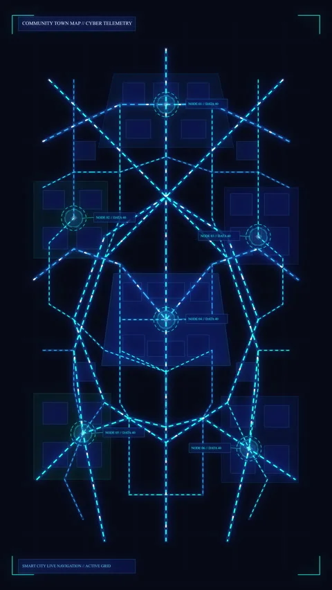 Futuristic HUD interface with glowing blue lines, digital cyber grid Stock Footage 347573257