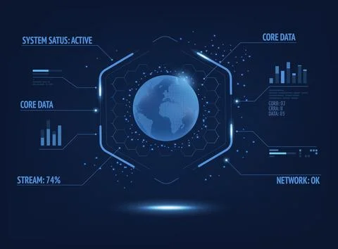 Futuristic HUD interface glowing digital earth globe surrounded by data cha.. Stock Illustration
