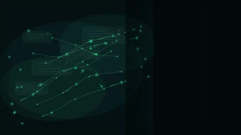 Futuristic HUD interface with glowing green data nodes and text boxes. Cyber Stock Footage 336218872