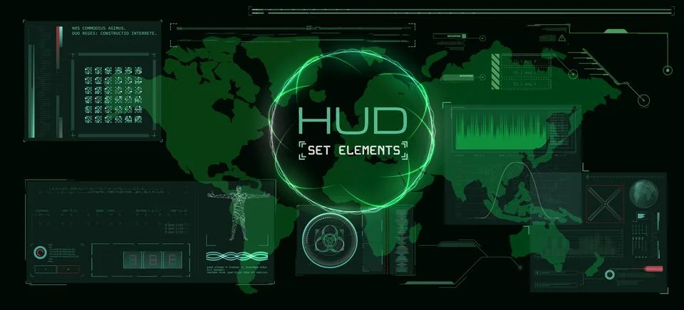 Futuristic HUD interface with glowing green data on digital world map 스톡 일러스트