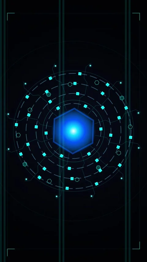 Futuristic HUD Interface with Glowing Hexagon and Circular Data Visualization Stock Footage 346202743