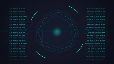 Futuristic HUD Interface: Glowing Hexagon Grid with Data Streams and Centra.. Stock Footage 348420808