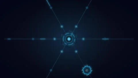 Futuristic hud interface with glowing hexagonal data nodes and network conn.. Stockbeeldmateriaal 344861369