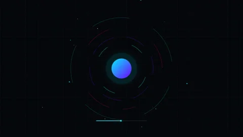 Futuristic HUD interface with glowing neon rings and pulsing data core in deep Stock Footage 348888663