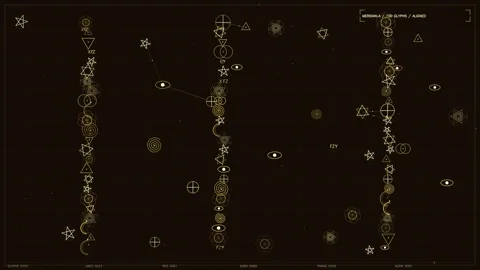Futuristic HUD interface with golden geometric glyphs and astronomical data.. Stock Footage 334090946