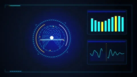 Futuristic HUD interface motion graphic with digital radar, audio equalizer Stock Footage 347571102
