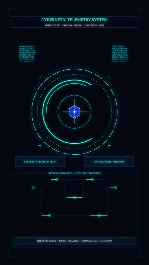 Futuristic HUD interface motion graphic with glowing circles and digital Stock Footage 347571950