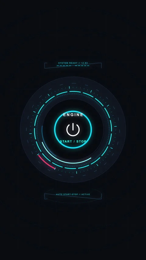 Futuristic HUD interface motion graphic with glowing circles and power button Stock Footage 347572212