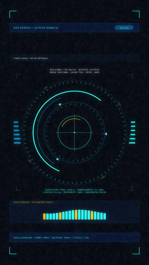Futuristic HUD interface motion graphic with spinning radar elements Stock Footage 347572266