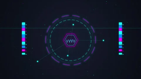 Futuristic HUD Interface with Neon Hexagon and Data Analysis on Dark Backgrou Stock Footage 348793168