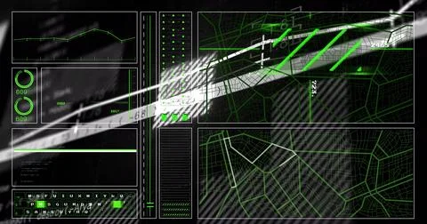 Futuristic HUD interface overlaying control station display, with line graph and Stock Photos