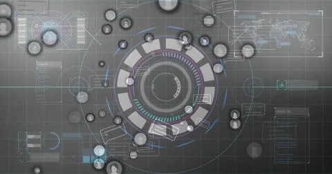 Futuristic HUD interface presenting segmented ring arcs on grey grid, with nodes Stock Illustration