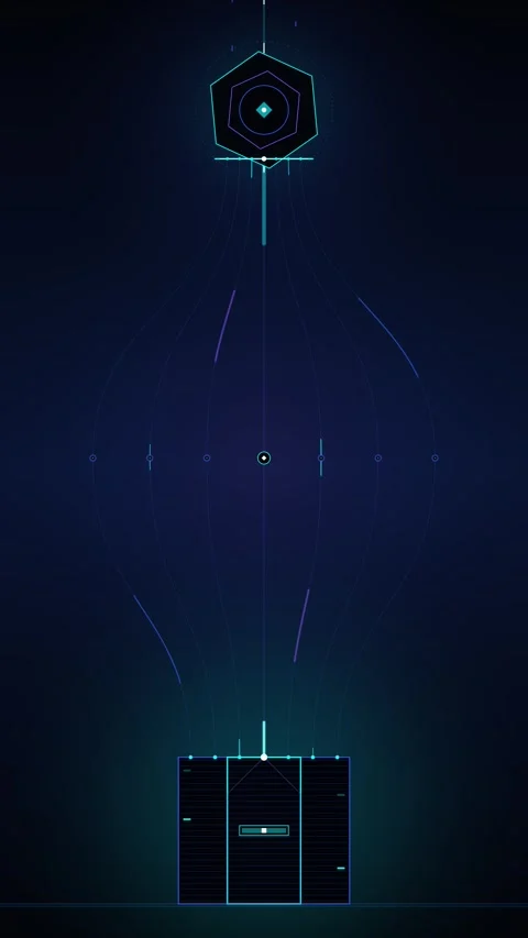 Futuristic hud interface with pulsing geometric data nodes and digital flow.. Stockbeeldmateriaal 348284703