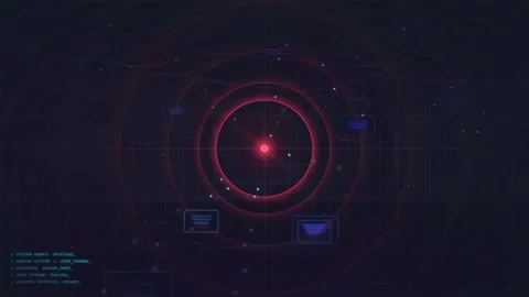 Futuristic HUD Interface with Pulsing Red Rings and Digital Data Elements Stock Footage 341074007