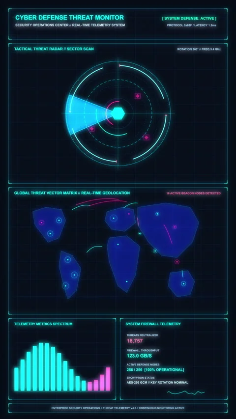 Futuristic hud interface with radar scanner, data analytics, world map, fre.. Stock Footage 348337691