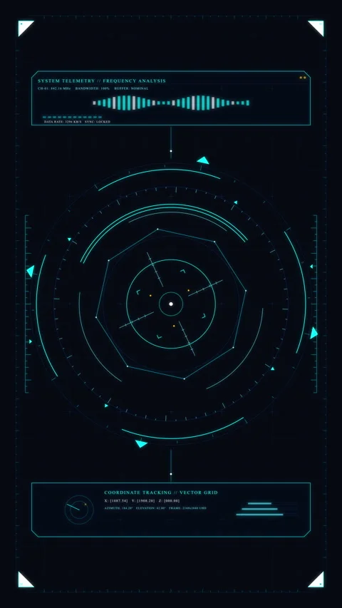 Futuristic HUD interface with rotating cyan circles, data graphs Stock Footage 347573800