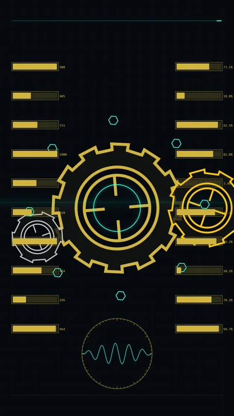Futuristic HUD Interface with Rotating Gears and Data Progress Bars Stock Footage 346197718