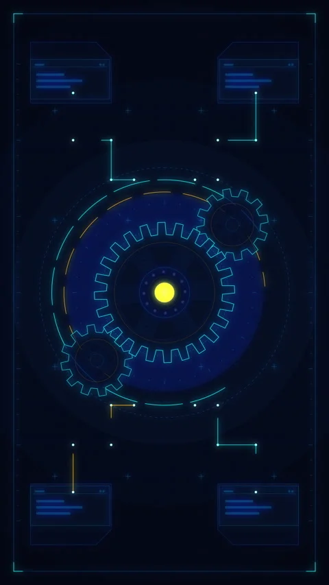 Futuristic hud interface with rotating gears and digital data elements Stock Footage 347573804