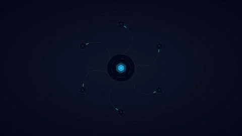 Futuristic hud interface with rotating hexagon core and data connection nod.. 库存影片 344857677