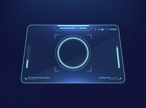 Futuristic HUD interface screen display on a dark blue background with subt.. Stockillustratie