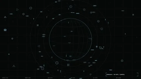 Futuristic HUD interface showing satellite tracking constellation around a .. Video stock 334112378