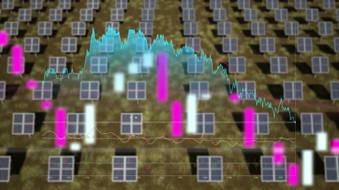 Futuristic hud interface solar panel field farm in background data analysing Stock Footage 235373096