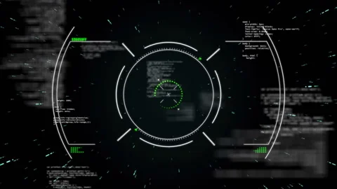 Futuristic HUD interface spinning in dark overlay, showing green code fragments Stock Footage 308657788