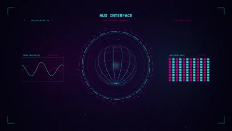 Futuristic hud interface with spinning wireframe globe and digital wave on .. Stock Footage 345334404