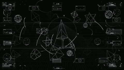 Futuristic HUD interface with white geometric wireframes and technical Stock Footage 334443575