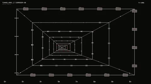 Futuristic HUD interface with wireframe tunnel perspective and real time te.. Stock Footage 334098758