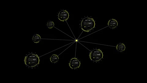 Futuristic HUD Neural Network Screen with Connected Yellow Circular Data Nodes Video stock 339670390