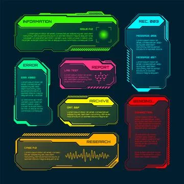 Futuristic HUD or UI elements. Sci-fi user interface text boxes, callouts Stock Illustration
