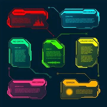 Futuristic HUD or UI elements. Sci-fi user interface text boxes, callouts Stock Illustration